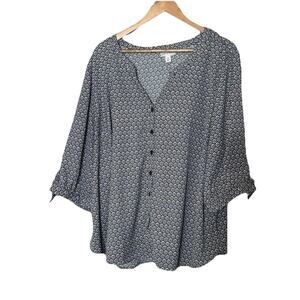 Catherines Womens Tunic Top 2X Petite Black Print Blouse Mature Career Stretch‎